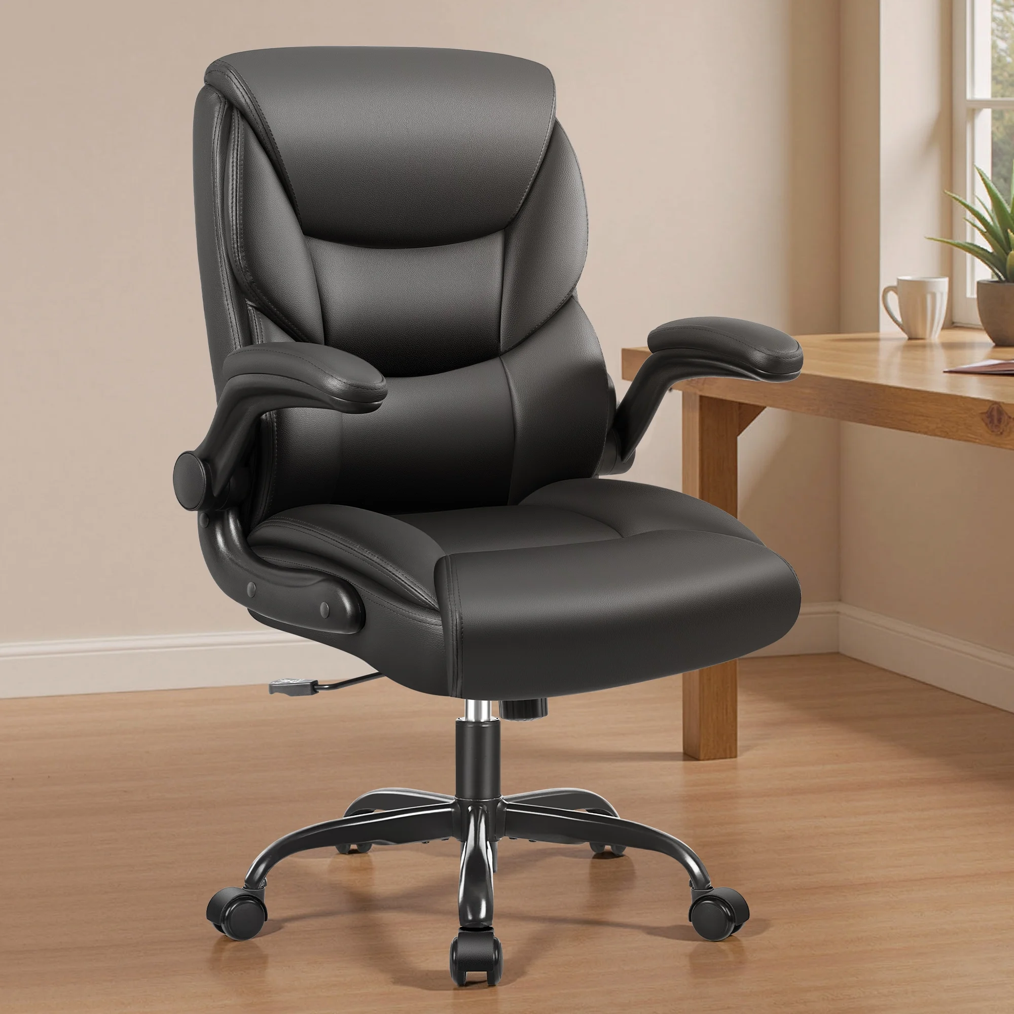 Primy Compact PU Leather Office Chair - Ergonomic Adjustable Height Computer Desk Chair with Flip-Up Armrests, Mid-Back Executive Swivel Chair on Wheels for Small Spaces & Petite Users, Black