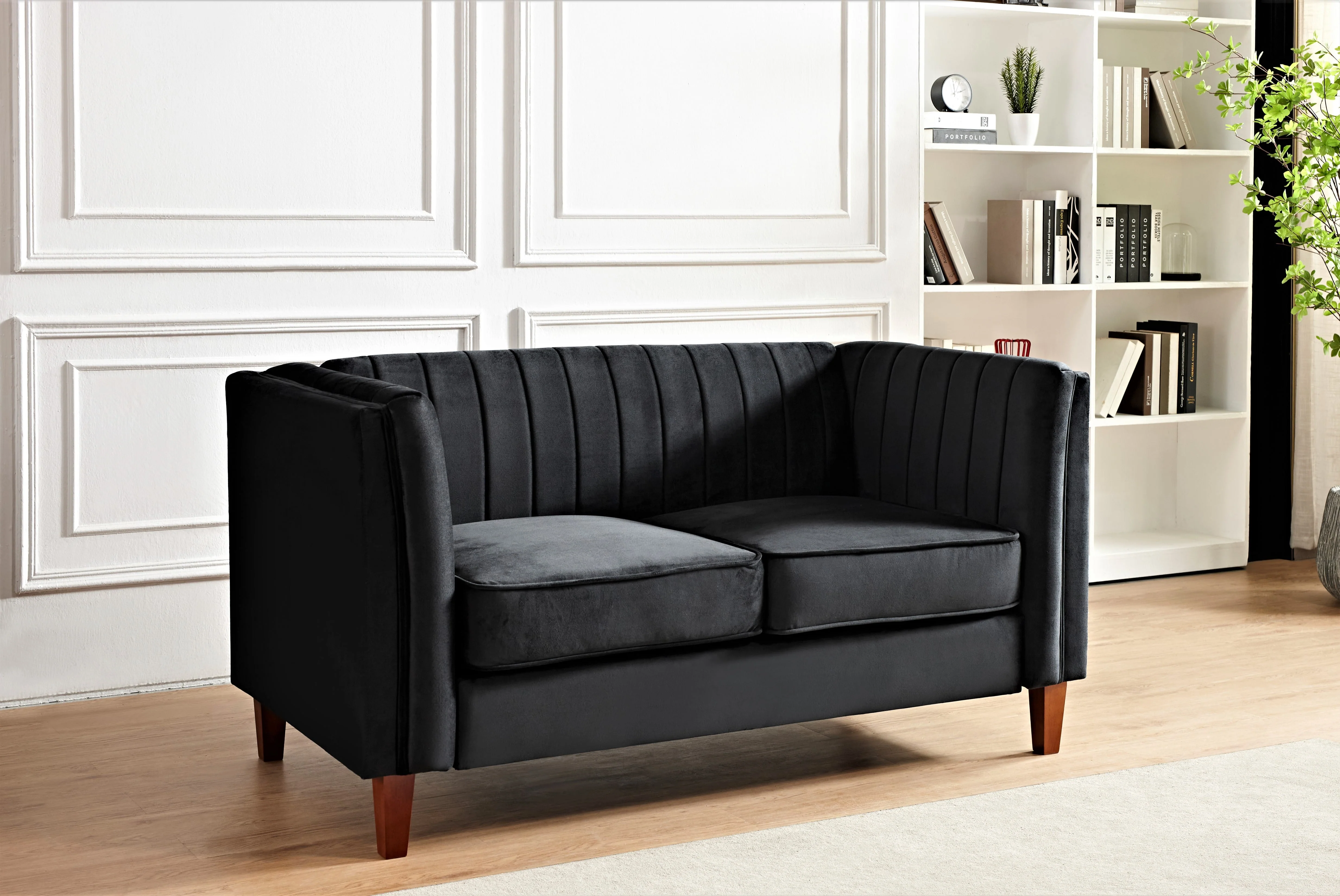 Uspridefurniture Plainfield Line Tufted Square Velvet Loveseat,Black