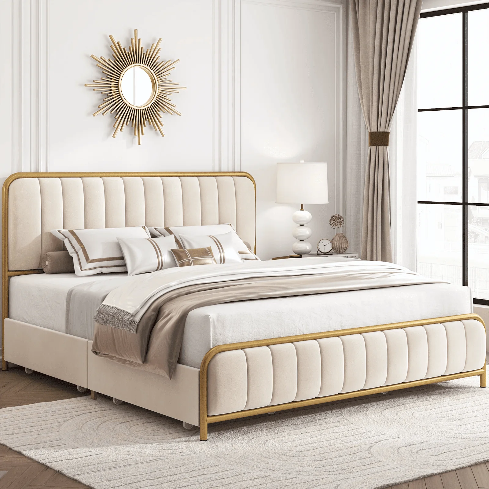 Homfa Queen Size 4 Storage Drawers Bed, Gold Platform Bed Frame with Tufted Upholstered Headboard, Beige